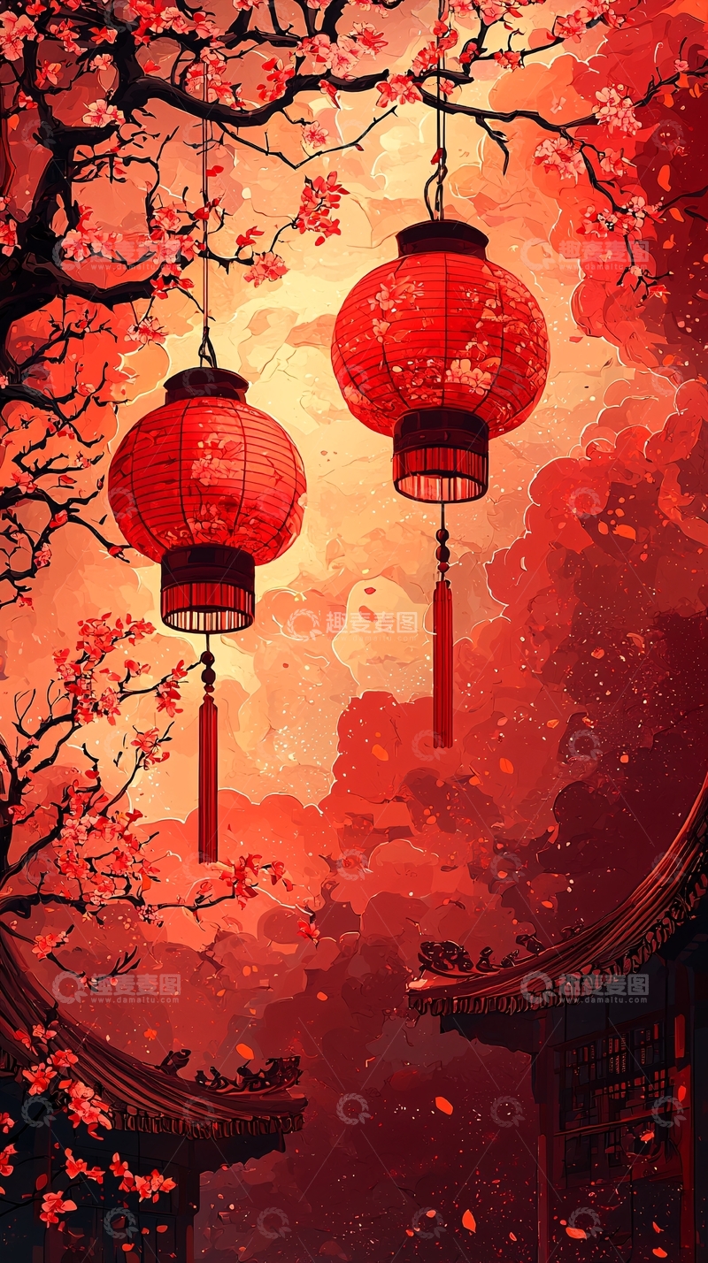 高清大图下载【趣麦麦图】红灯笼樱花树下