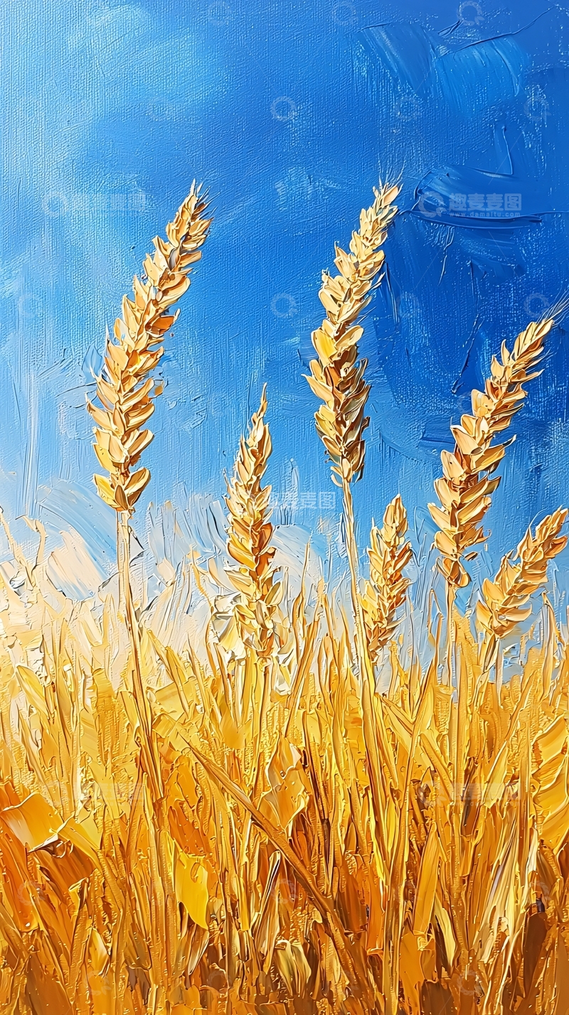 高清大图下载【趣麦麦图】金黄麦田蓝天油画