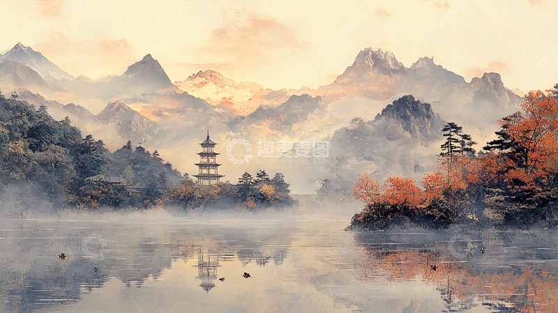 高清大图下载【趣麦麦图】水墨山水塔在朦胧仙境
