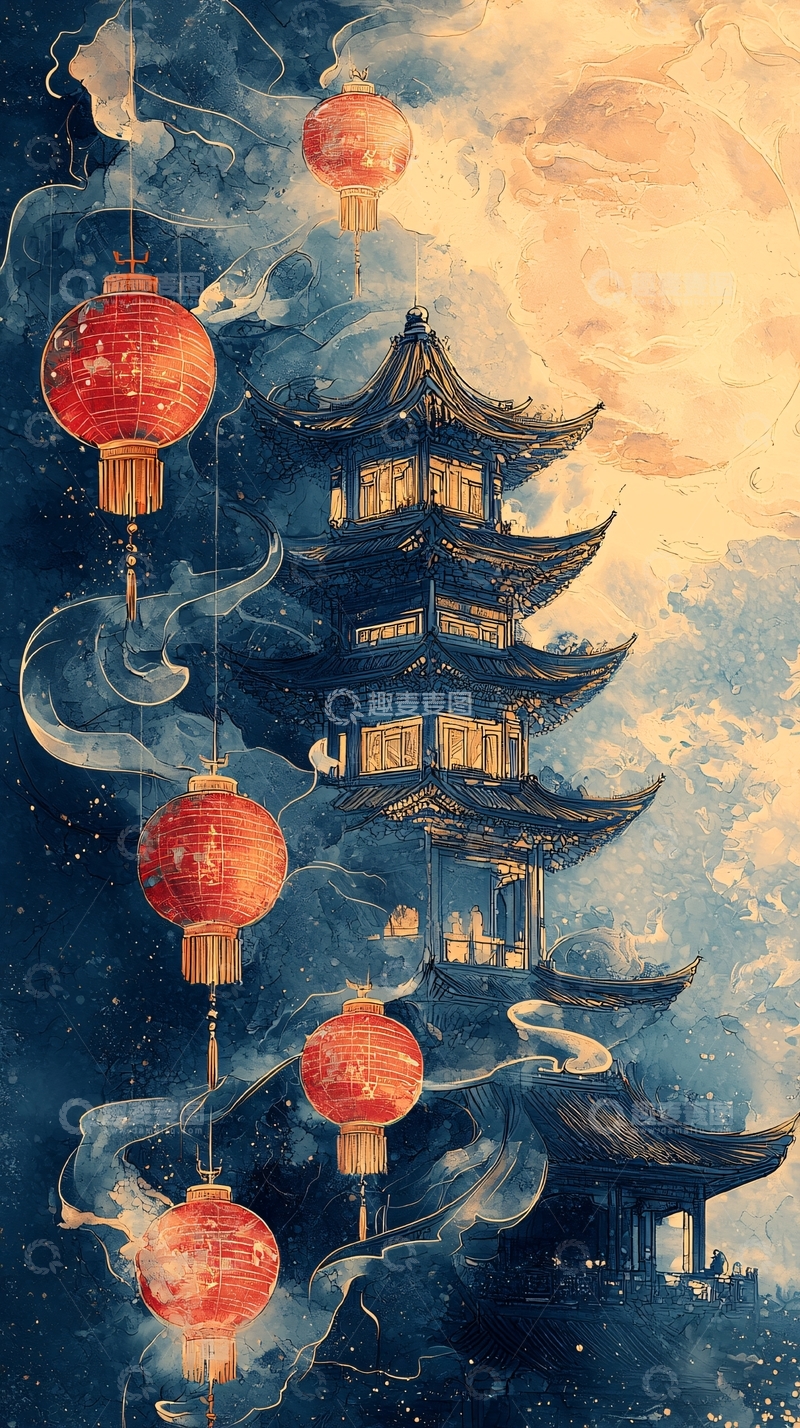 高清大图下载【趣麦麦图】水墨画风格古塔