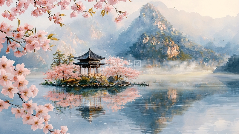 高清大图下载【趣麦麦图】春日樱花湖边亭台