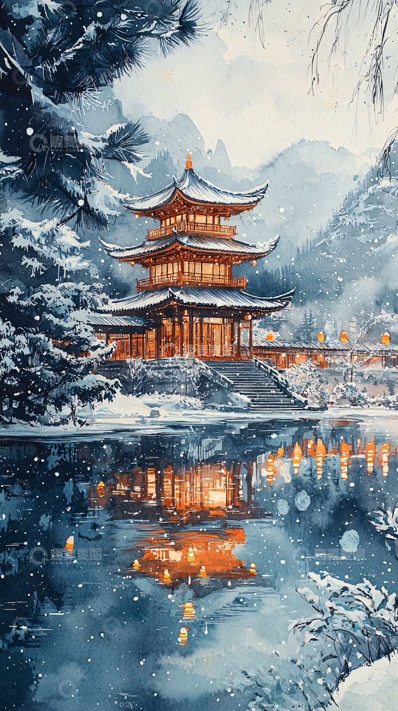 高清大图下载【趣麦麦图】水面倒影的雪山古建筑