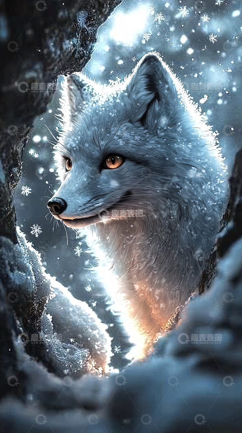 高清大图下载【趣麦麦图】雪地里的白色狐狸