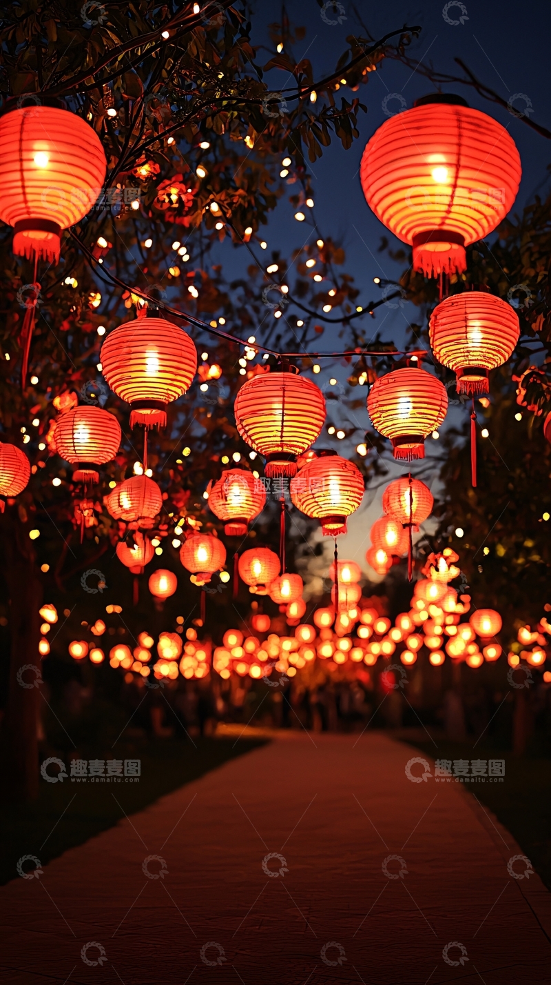 高清大图下载【趣麦麦图】夜色中红灯笼小路