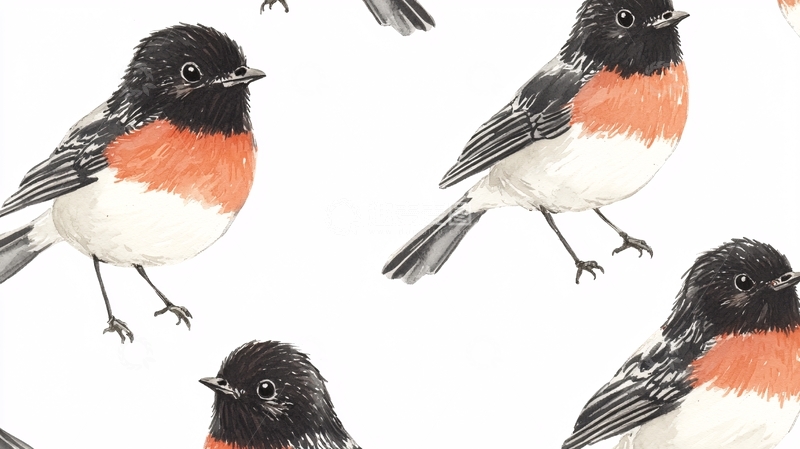 高清大图下载【趣麦麦图】红胸鸲鸟水彩画图案