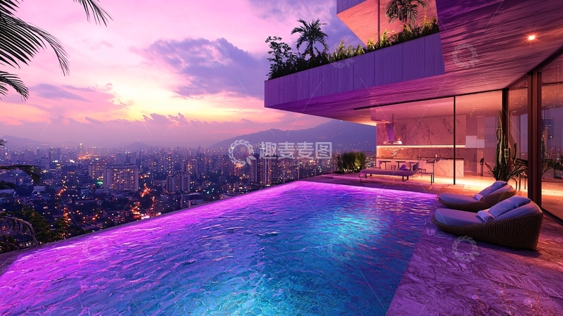 高清大图下载【趣麦麦图】高层建筑泳池夜景