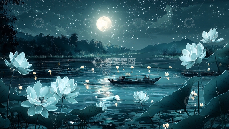 高清大图下载【趣麦麦图】月光下的荷花湖