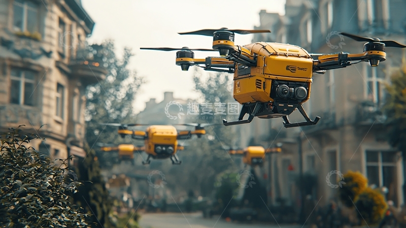 高清大图下载【趣麦麦图】城市上空黄色无人机送货