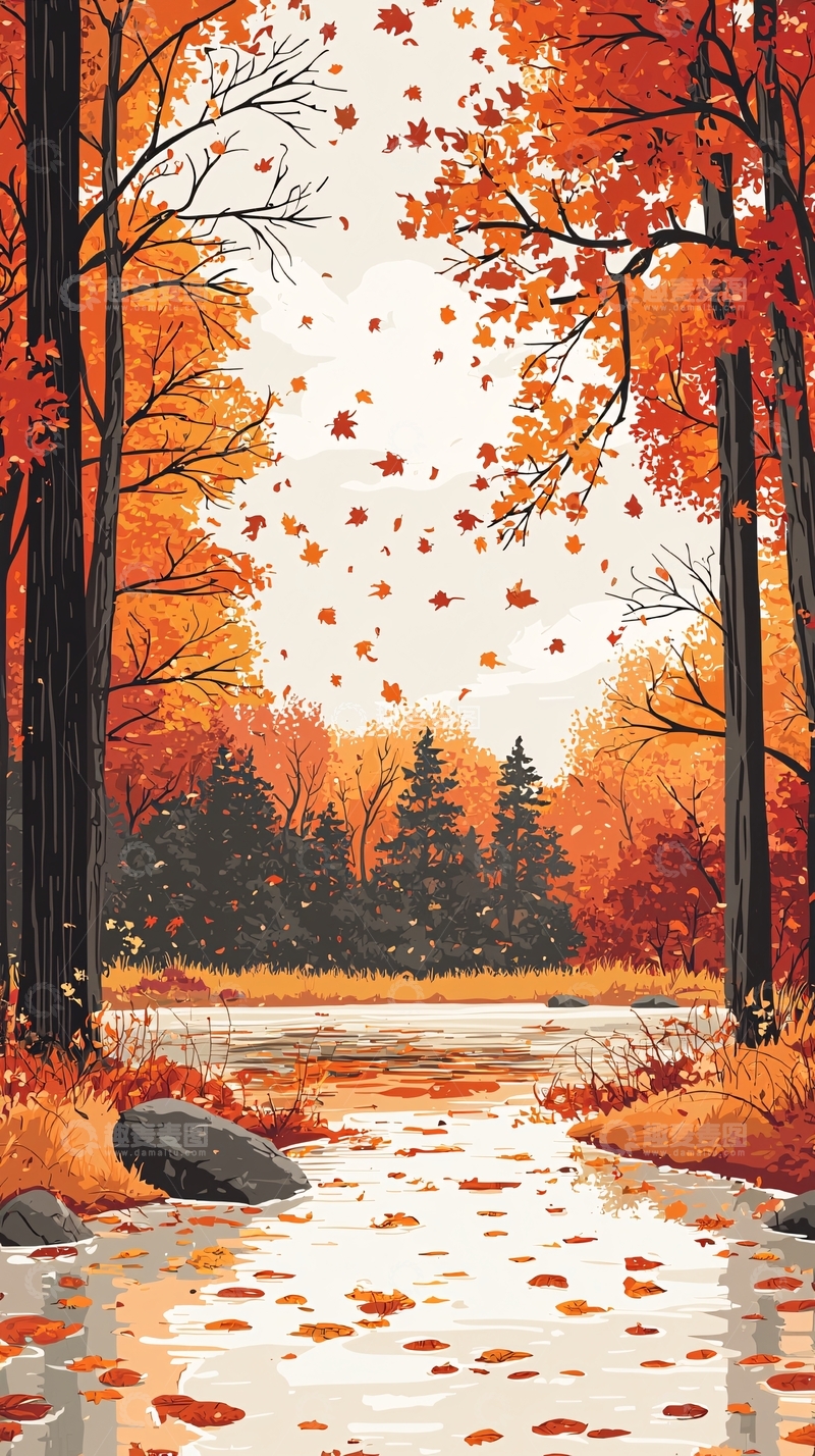 高清大图下载【趣麦麦图】秋日森林小溪落叶