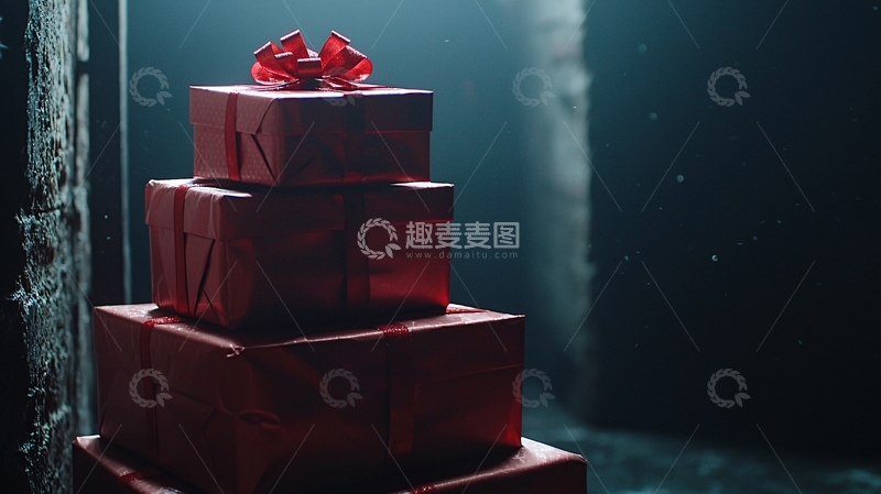 高清大图下载【趣麦麦图】黑暗背景下的红色礼物堆