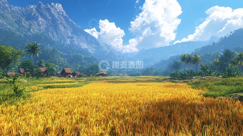 高清大图下载【趣麦麦图】金黄稻田山峦美景
