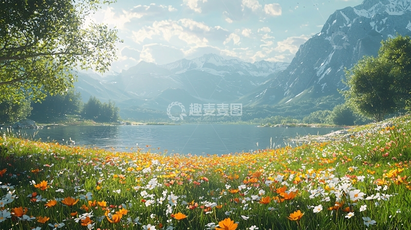 高清大图下载【趣麦麦图】阳光明媚的山谷花田