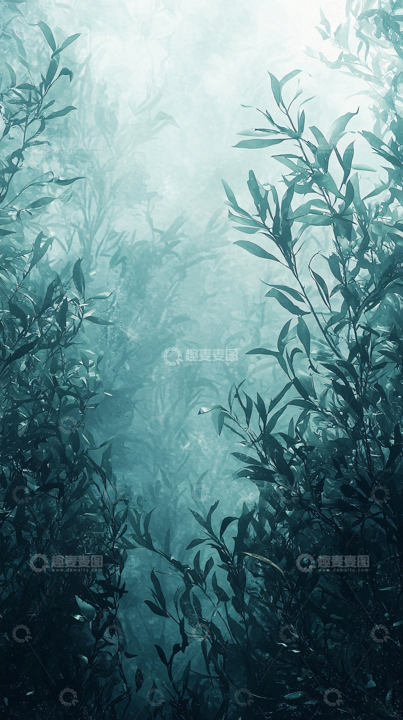 高清大图下载【趣麦麦图】朦胧树叶蓝色背景