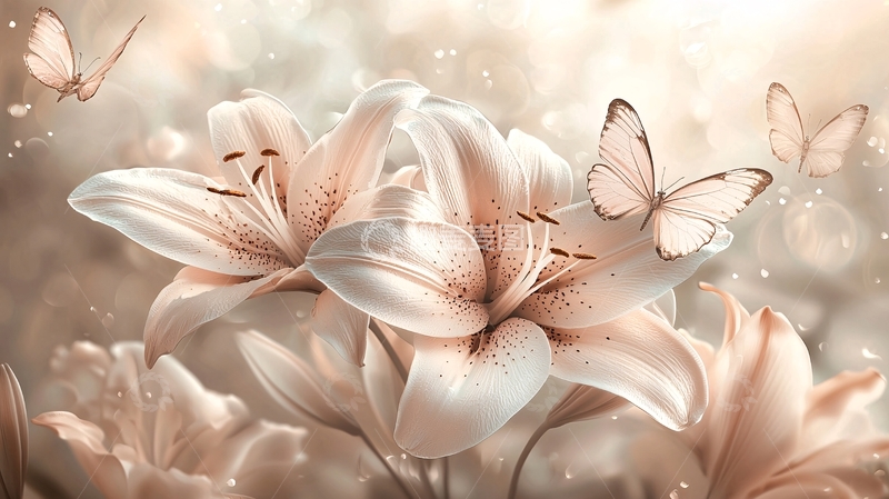 高清大图下载【趣麦麦图】粉色百合花蝴蝶