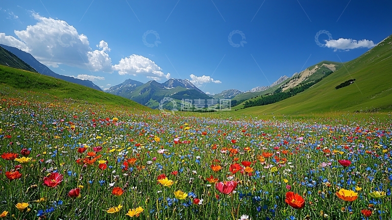 高清大图下载【趣麦麦图】山间野花盛开的草原