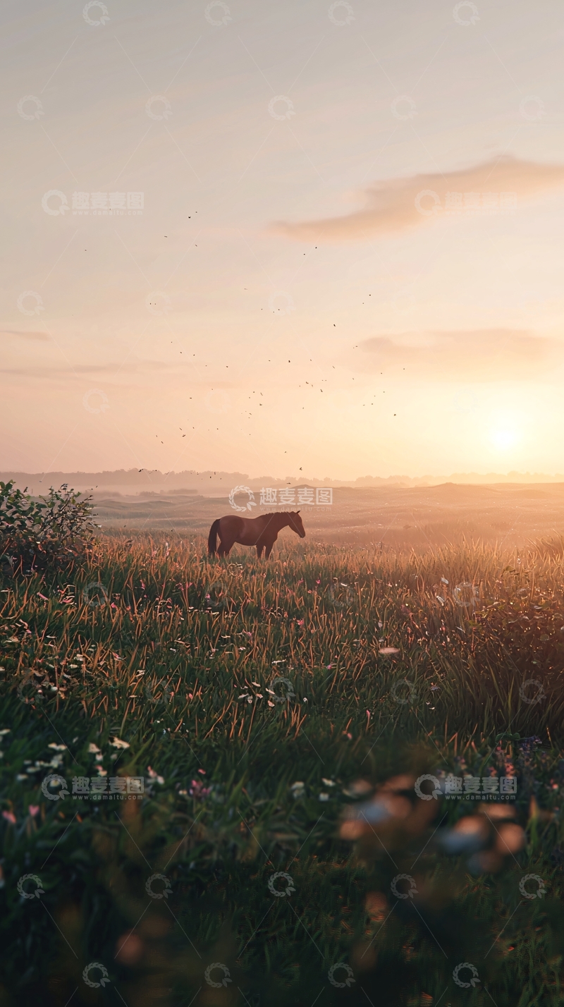 高清大图下载【趣麦麦图】落日草原上的棕色马匹