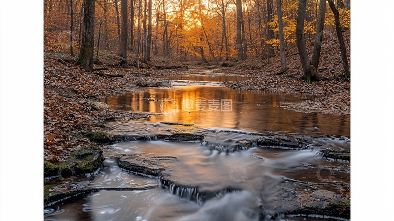 高清大图下载【趣麦麦图】秋日森林小溪落日余晖