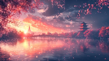 樱花树下的日落古寺