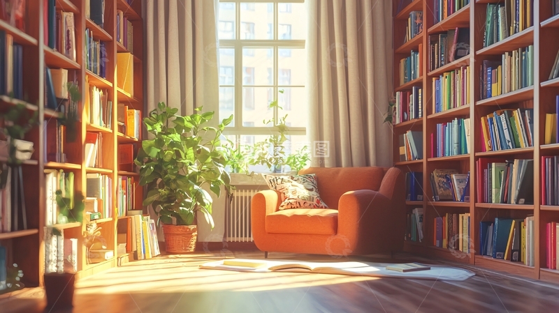 高清大图下载【趣麦麦图】阳光洒满书架的温馨书房