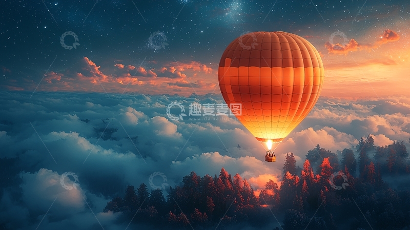 高清大图下载【趣麦麦图】热气球在云海日落星空