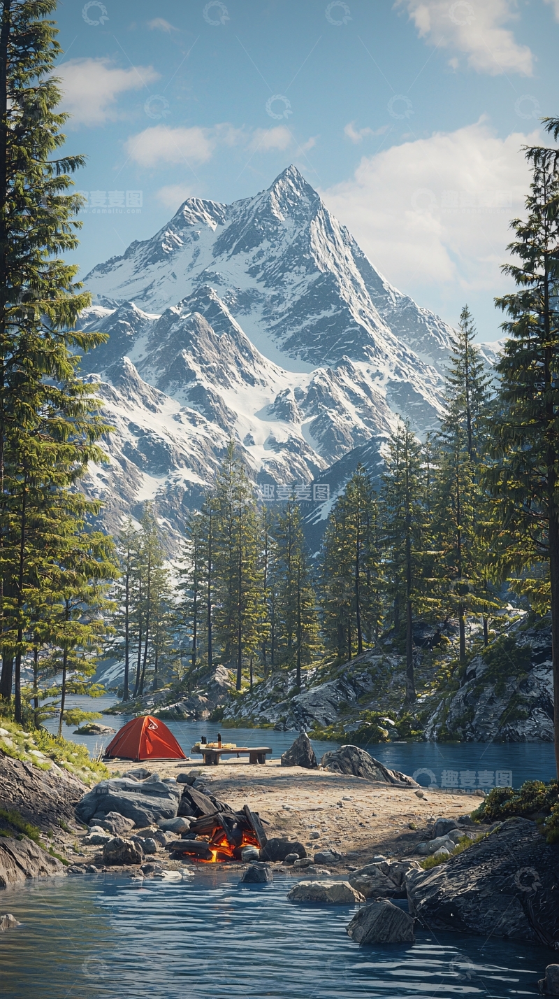 高清大图下载【趣麦麦图】雪山湖泊营地