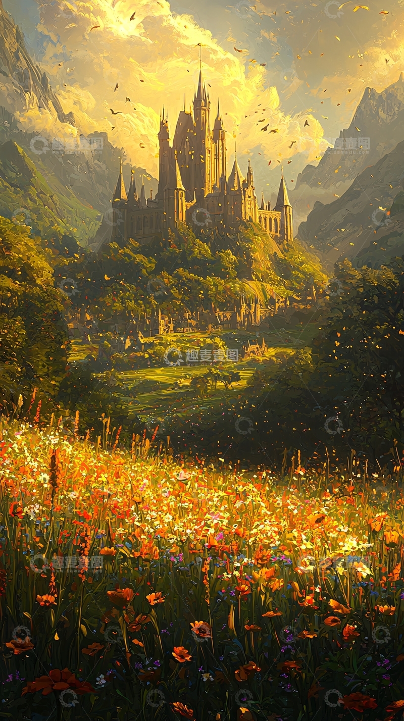 高清大图下载【趣麦麦图】山顶城堡花海夕阳