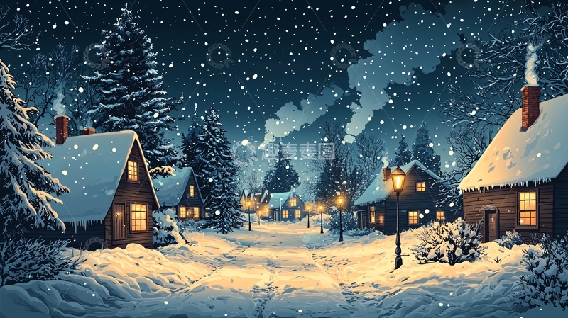 高清大图下载【趣麦麦图】下雪的圣诞村庄
