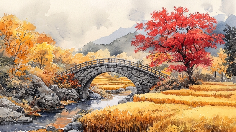 高清大图下载【趣麦麦图】秋日田园石桥风景