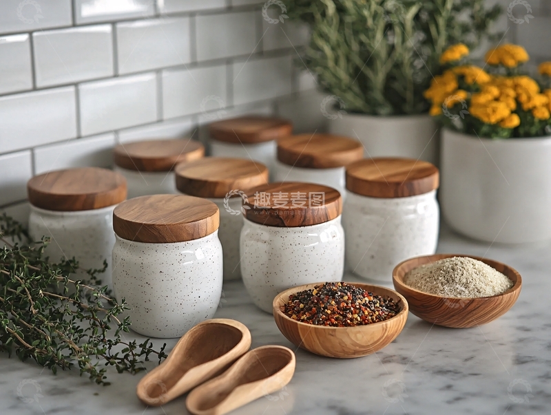 高清大图下载【趣麦麦图】白色罐子木盖香料厨房台面