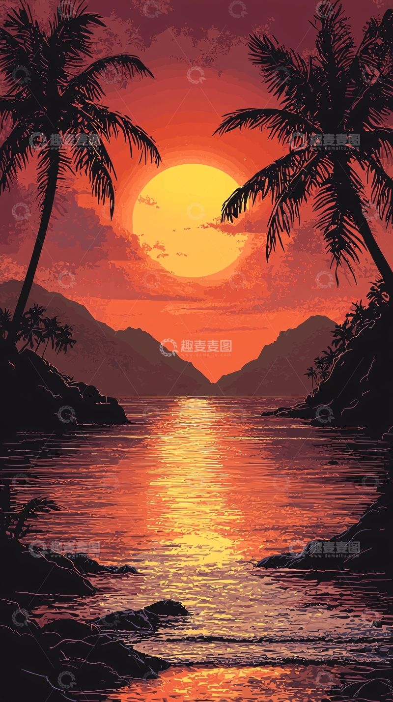 高清大图下载【趣麦麦图】日落海滩棕榈树风景