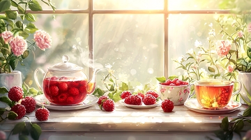 窗边阳光下的树莓茶