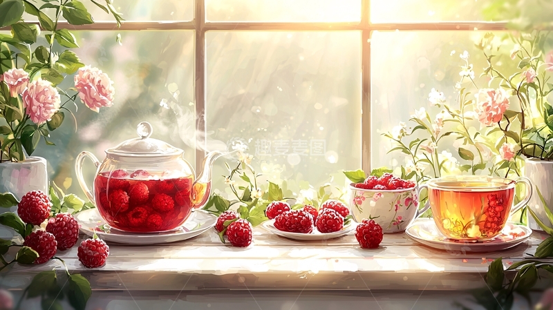 高清大图下载【趣麦麦图】窗边阳光下的树莓茶