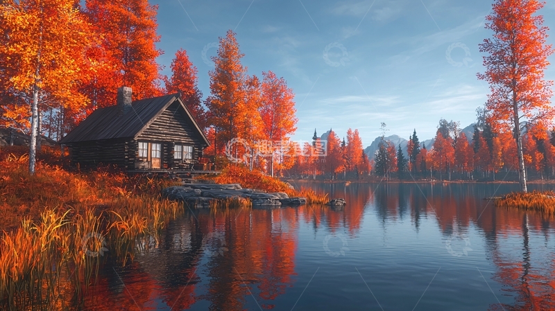 高清大图下载【趣麦麦图】秋日木屋湖边风景
