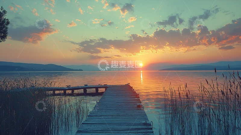 高清大图下载【趣麦麦图】平静湖面木栈道日落