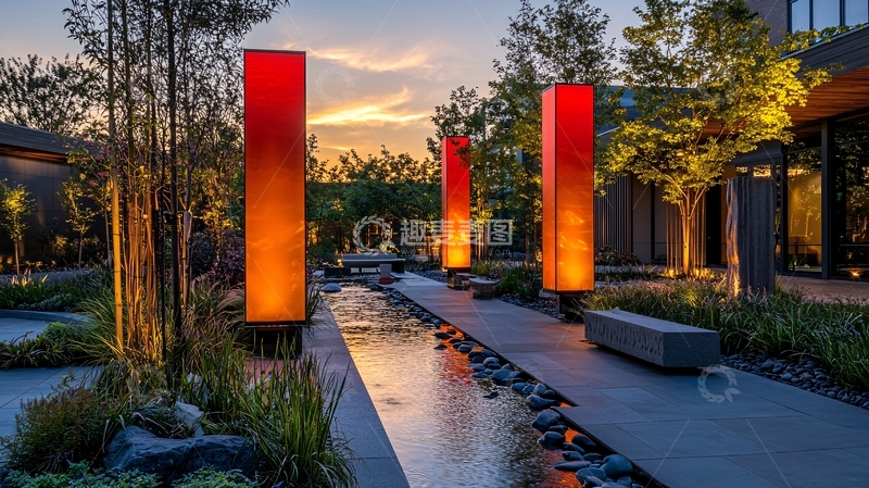 高清大图下载【趣麦麦图】日落时分的庭院灯光