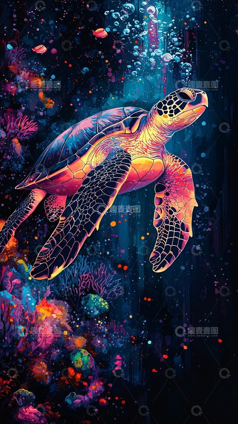 高清大图下载【趣麦麦图】色彩绚丽的海龟在深海中