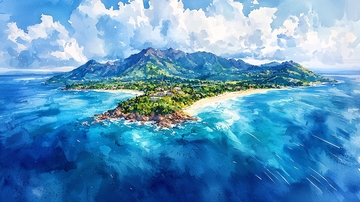 热带岛屿水彩风光