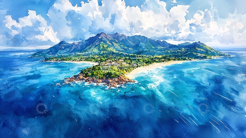 高清大图下载【趣麦麦图】热带岛屿水彩风光