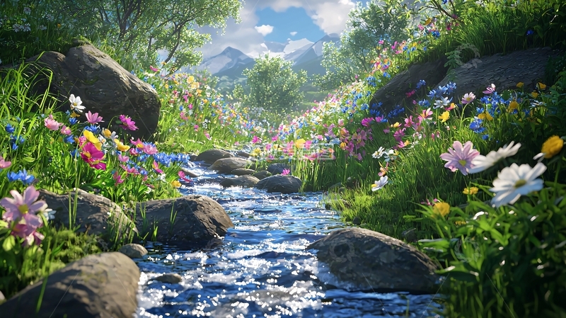 高清大图下载【趣麦麦图】山间溪流鲜花盛开