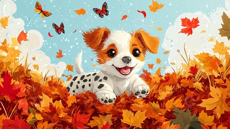 高清大图下载【趣麦麦图】小狗在秋叶中玩耍