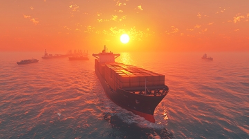 夕阳下航行的集装箱货船