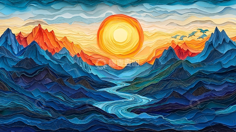 高清大图下载【趣麦麦图】抽象山川日落