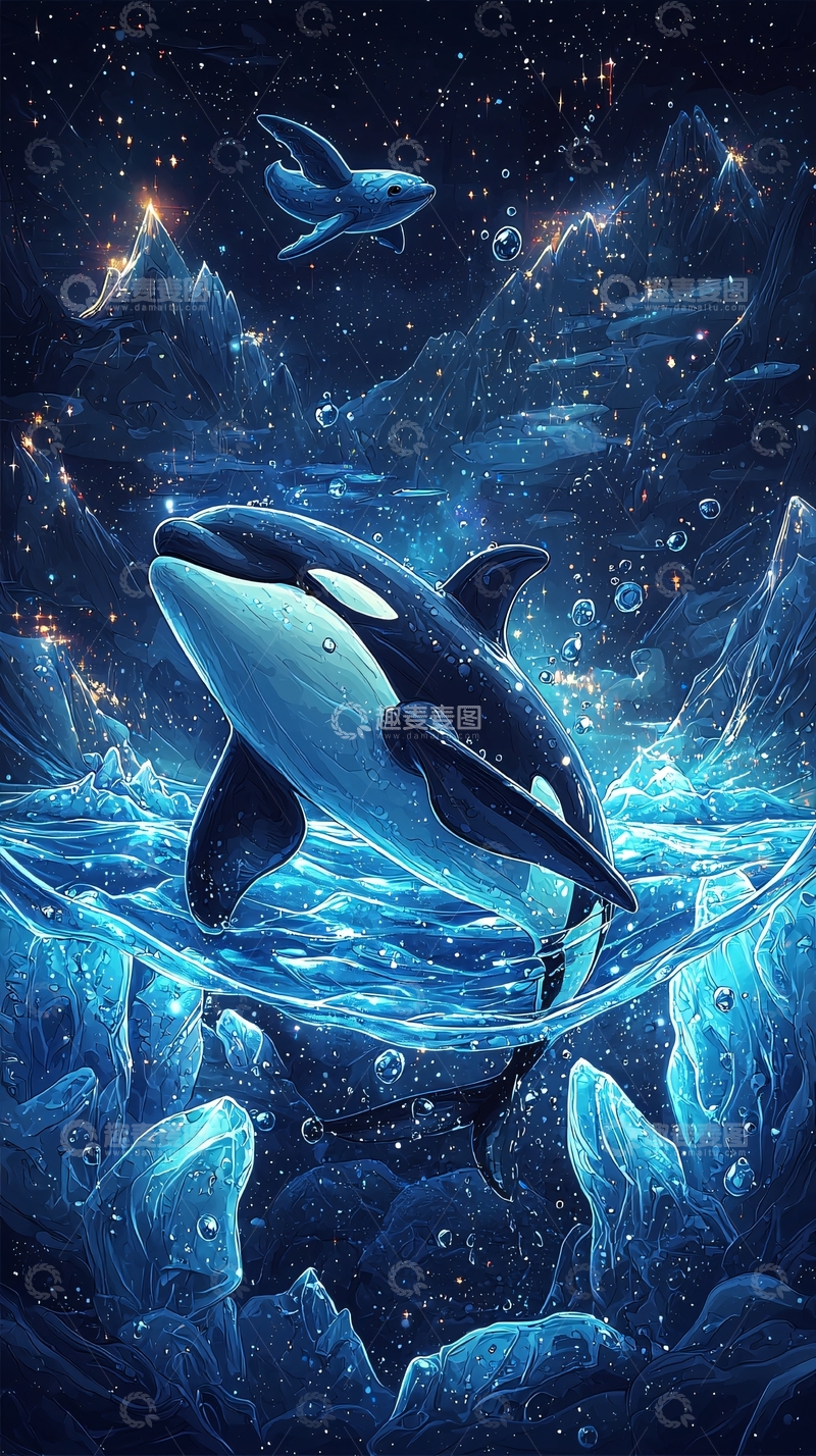 高清大图下载【趣麦麦图】蓝色星空下的虎鲸