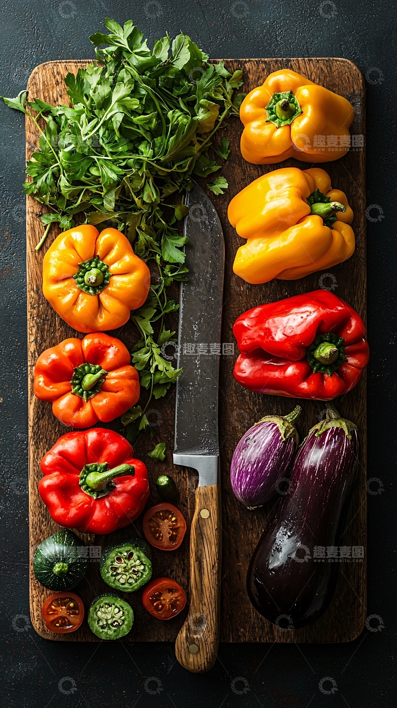 高清大图下载【趣麦麦图】蔬菜和刀具在砧板上