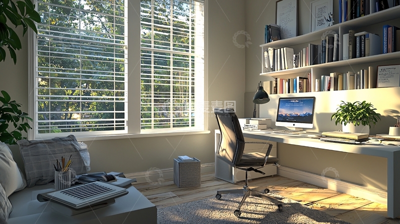 高清大图下载【趣麦麦图】阳光洒满的温馨书房