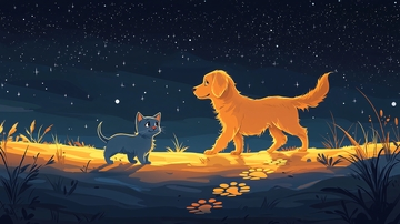 星空下的小猫和金毛犬