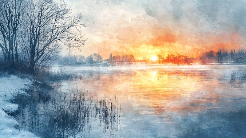 高清大图下载【趣麦麦图】冬季日出湖景