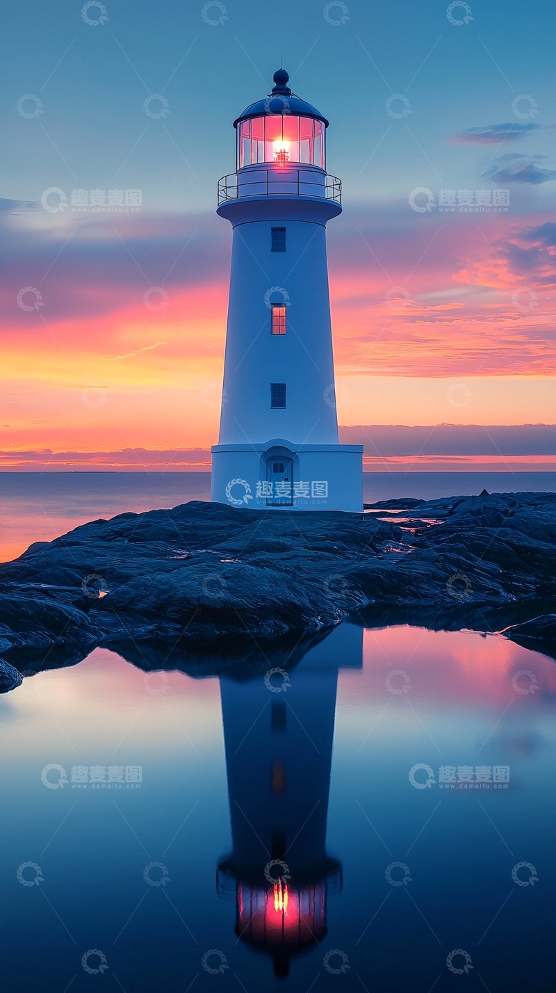 高清大图下载【趣麦麦图】海边灯塔映入水中