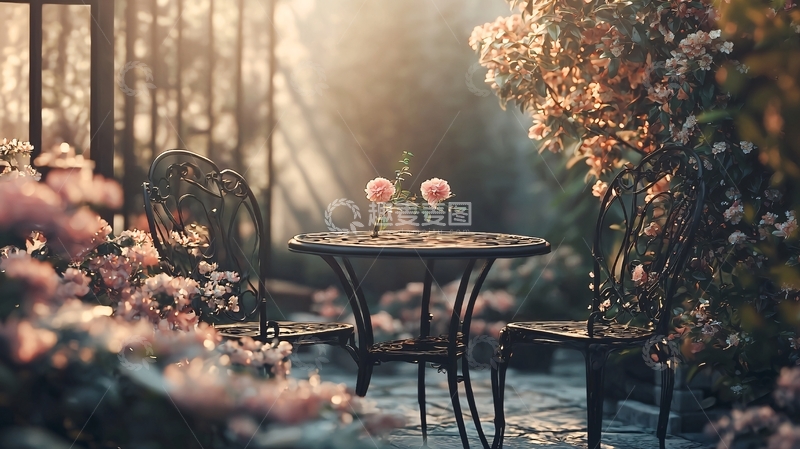 高清大图下载【趣麦麦图】清晨玫瑰花园小桌椅