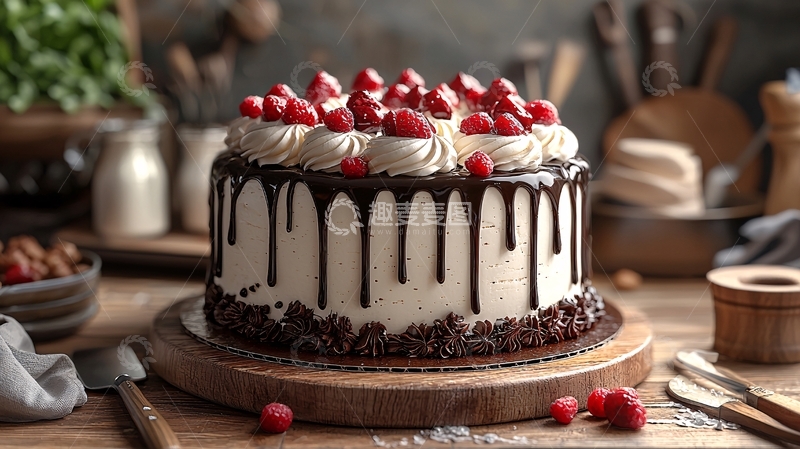 高清大图下载【趣麦麦图】奶油蛋糕淋巧克力酱和草莓